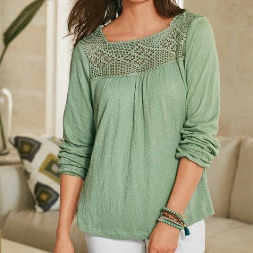 Soft Surroundings Green Arlington Top Crochet  Upper Boho Style XS